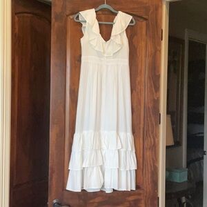 CALVIN KLEIN WHITE RUFFLE CREPE DRESS